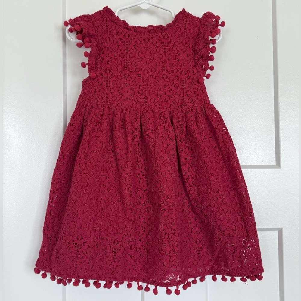 Deep Red Lace Dress with Pom Trim – Toddler 120 (Approx. 4–5T)